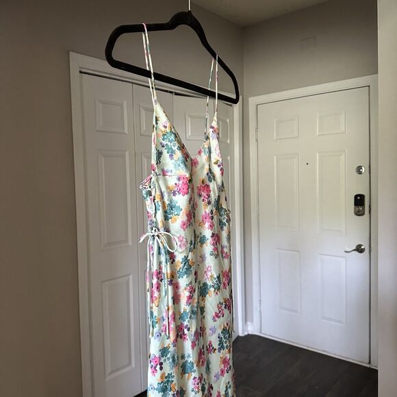 ZARA Romantic Floral Print Midi Side-Tie Satin Slip Dress XS Baby Blue - Picture 3 of 13